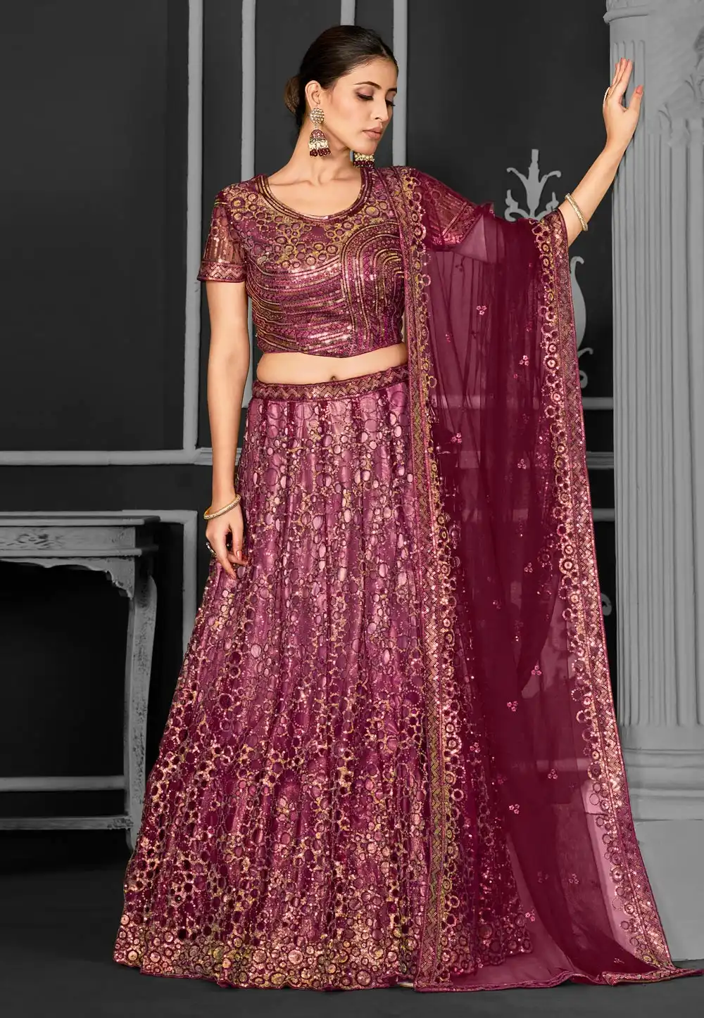 Magenta Net Lehenga Choli 310232
