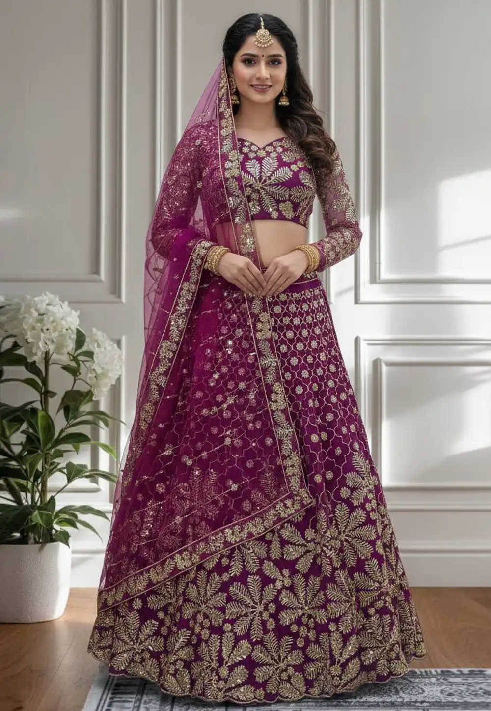 Magenta Net Lehenga Choli 317092