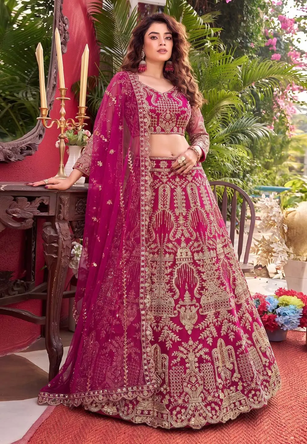 Magenta Net Lehenga Choli For Wedding 331895