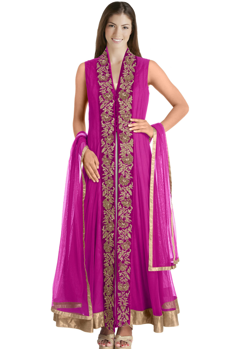 Magenta Net Readymade Center Slit Anarkali Suit 321765
