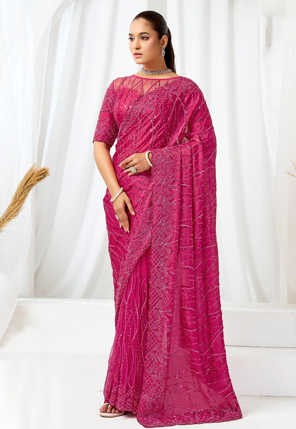 Magenta Net Saree With Blouse 326769