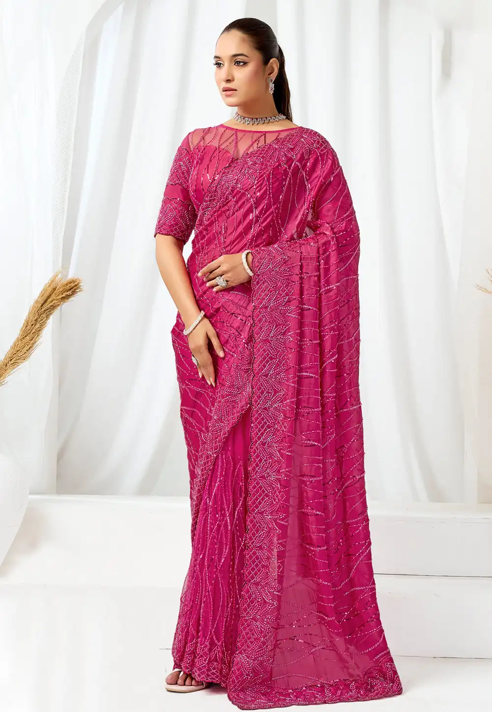 Magenta Net Saree With Blouse 326769