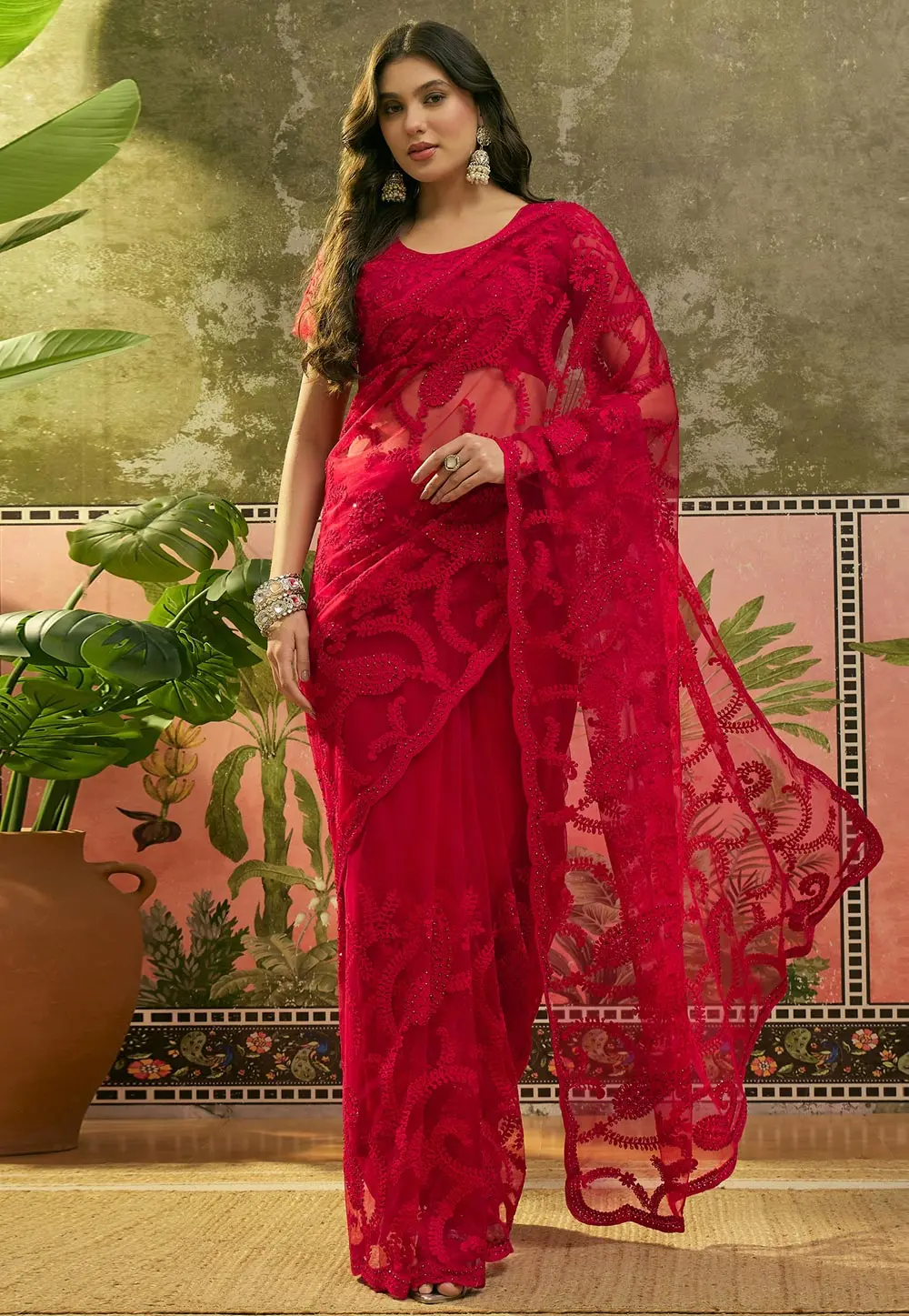 Magenta Net Saree With Blouse 331749
