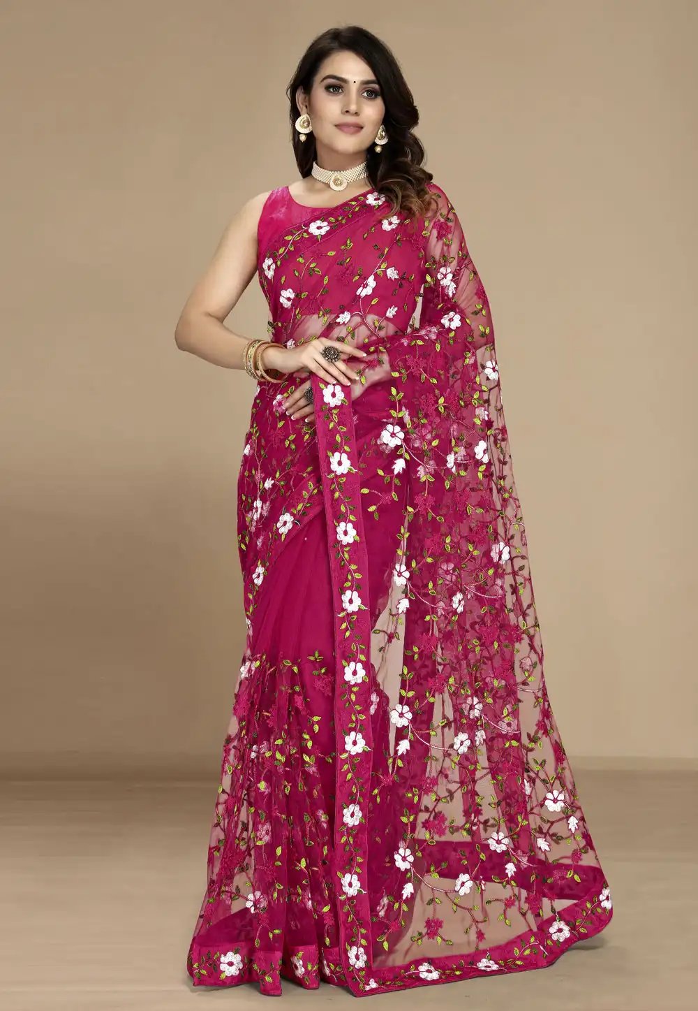 Magenta Net Saree With Blouse 311590