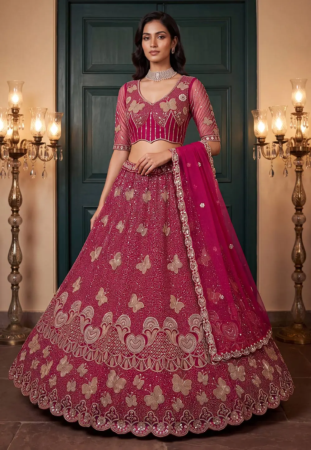 Magenta Net Wedding Lehenga Choli 335862