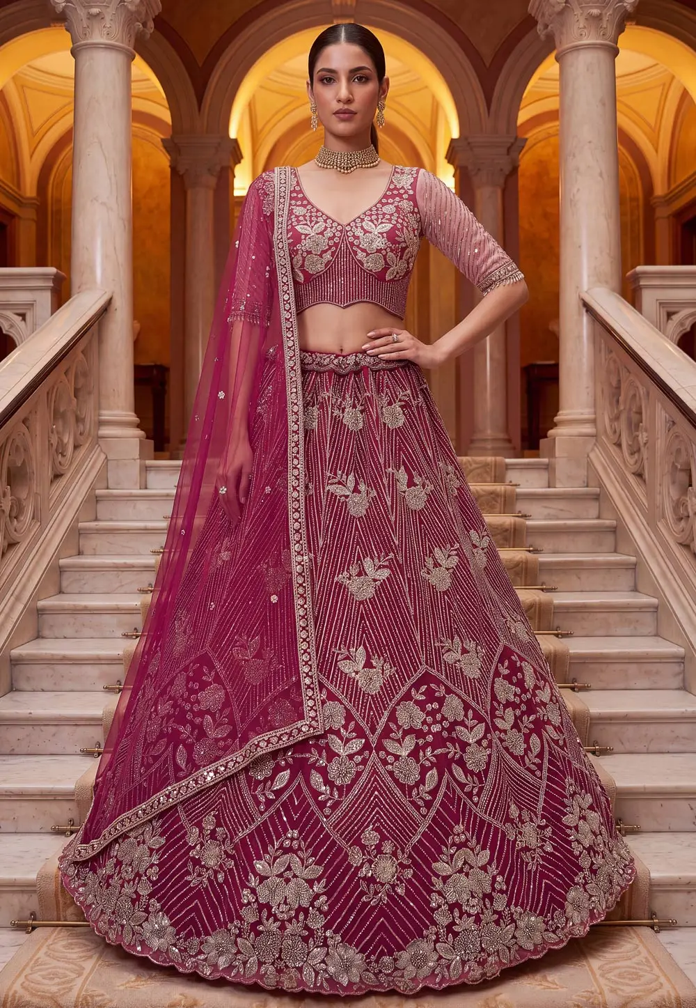 Magenta Net Wedding Lehenga Choli 337159