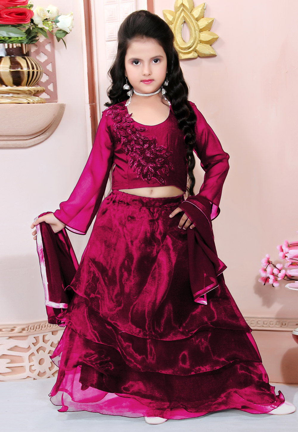 Magenta Organza Kids Lehenga Choli 312256