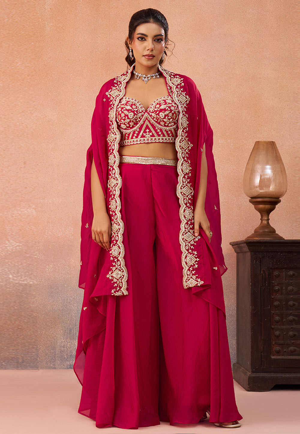 Magenta Organza Palazzo With Crop Top 326284