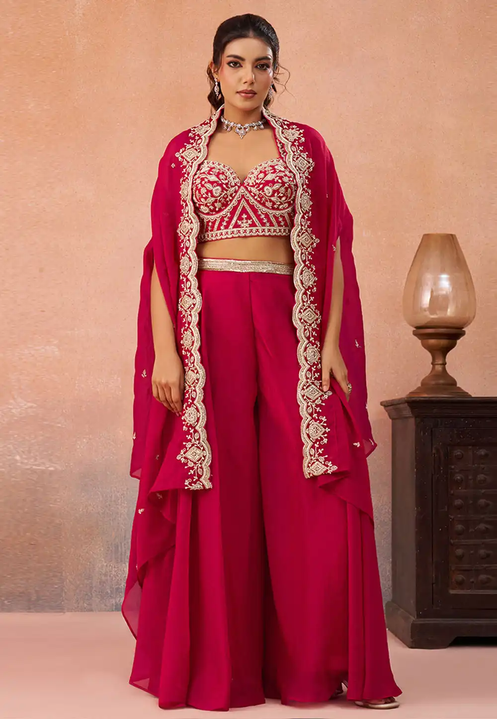 Magenta Organza Palazzo With Crop Top 326284