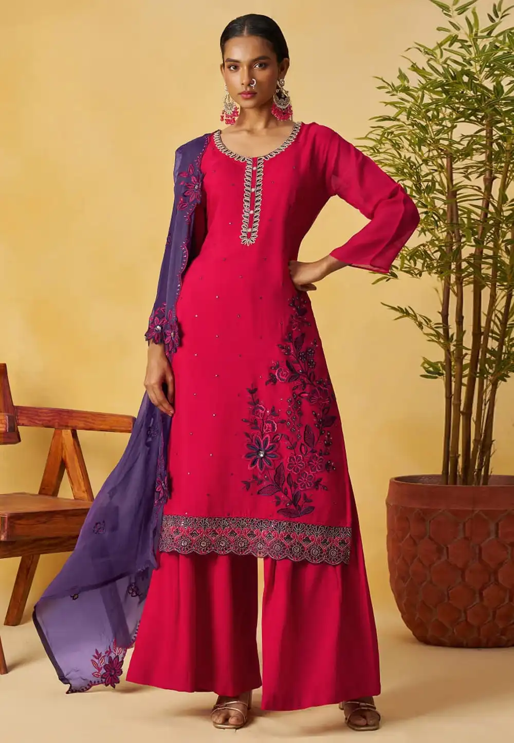 Magenta Organza Readymade Pakistani Suit 317193
