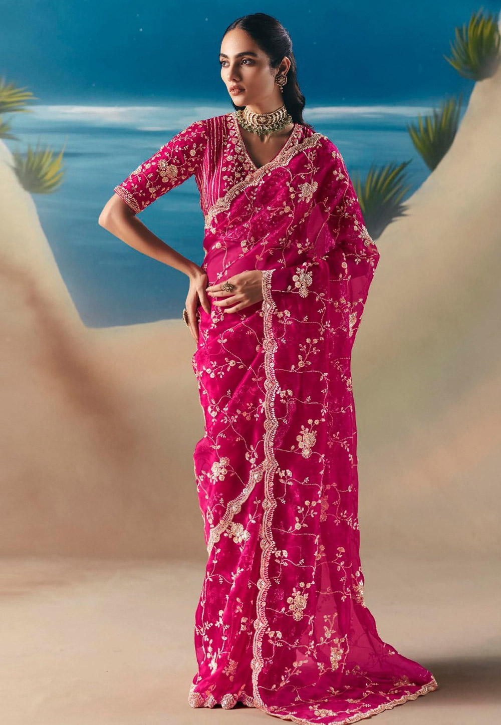 Magenta Organza Saree With Blouse 318472
