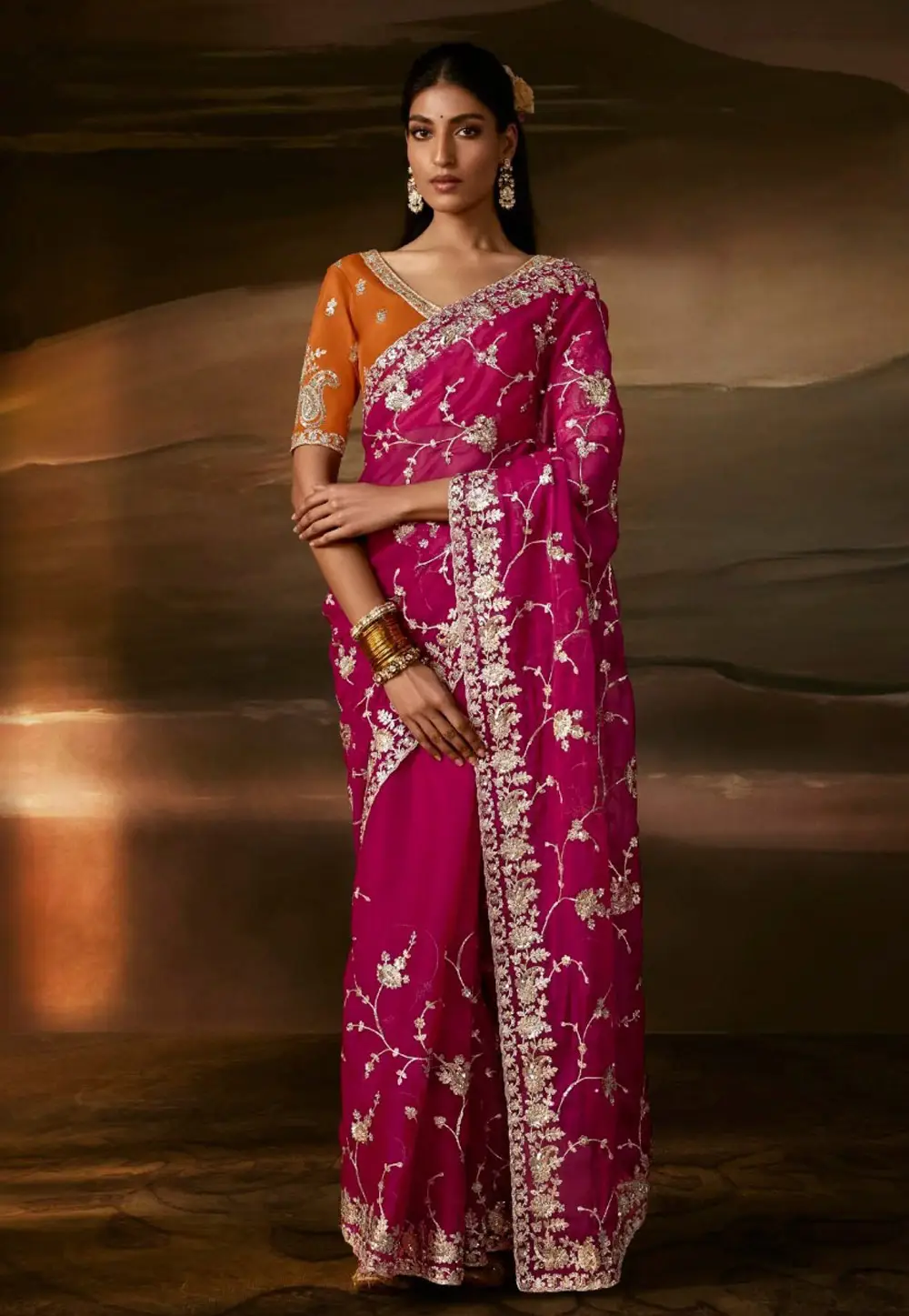 Magenta Organza Saree With Blouse 336351