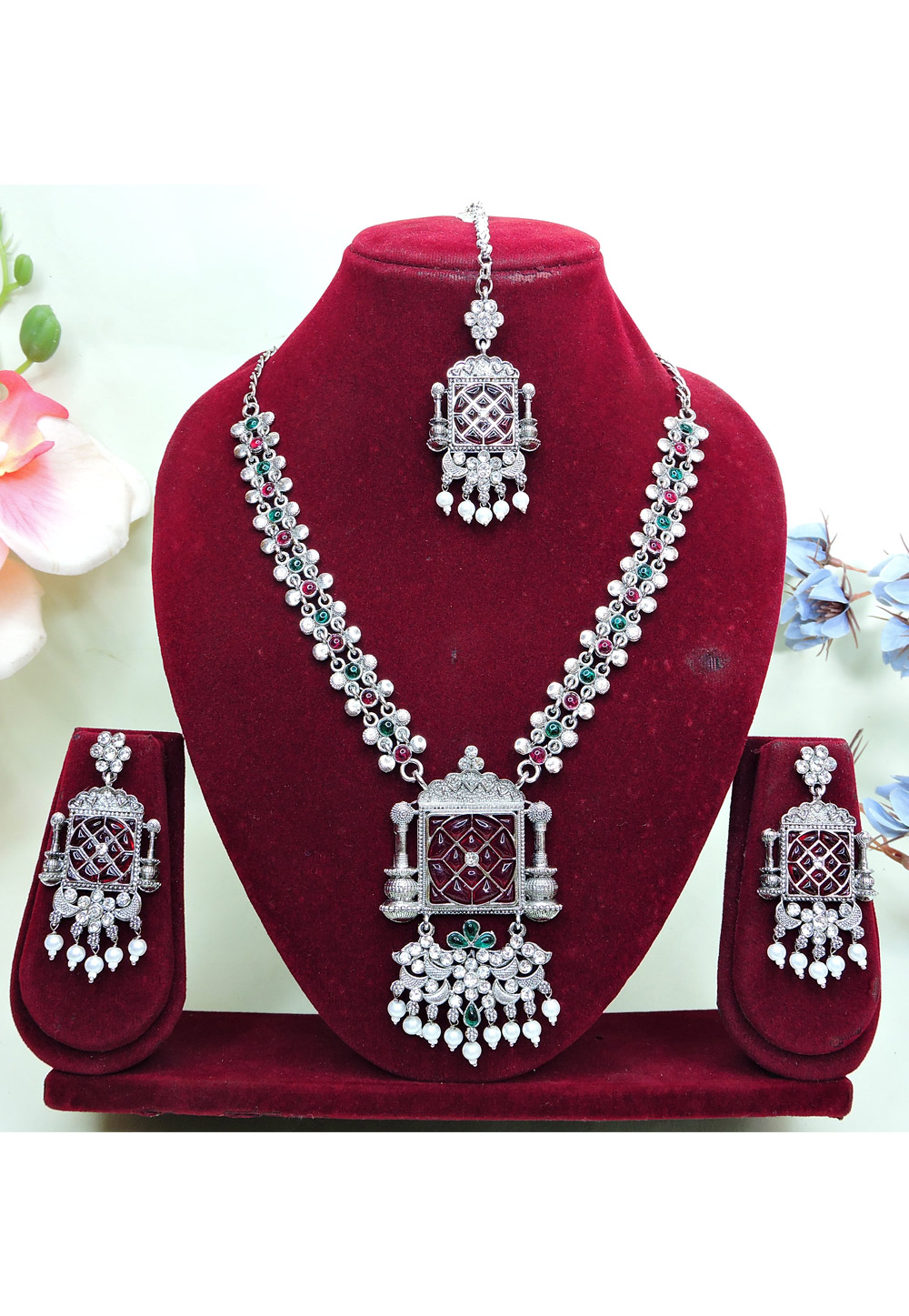 Magenta Oxidised Navratri Necklace Set With Earrings and Maang Tikka 312764
