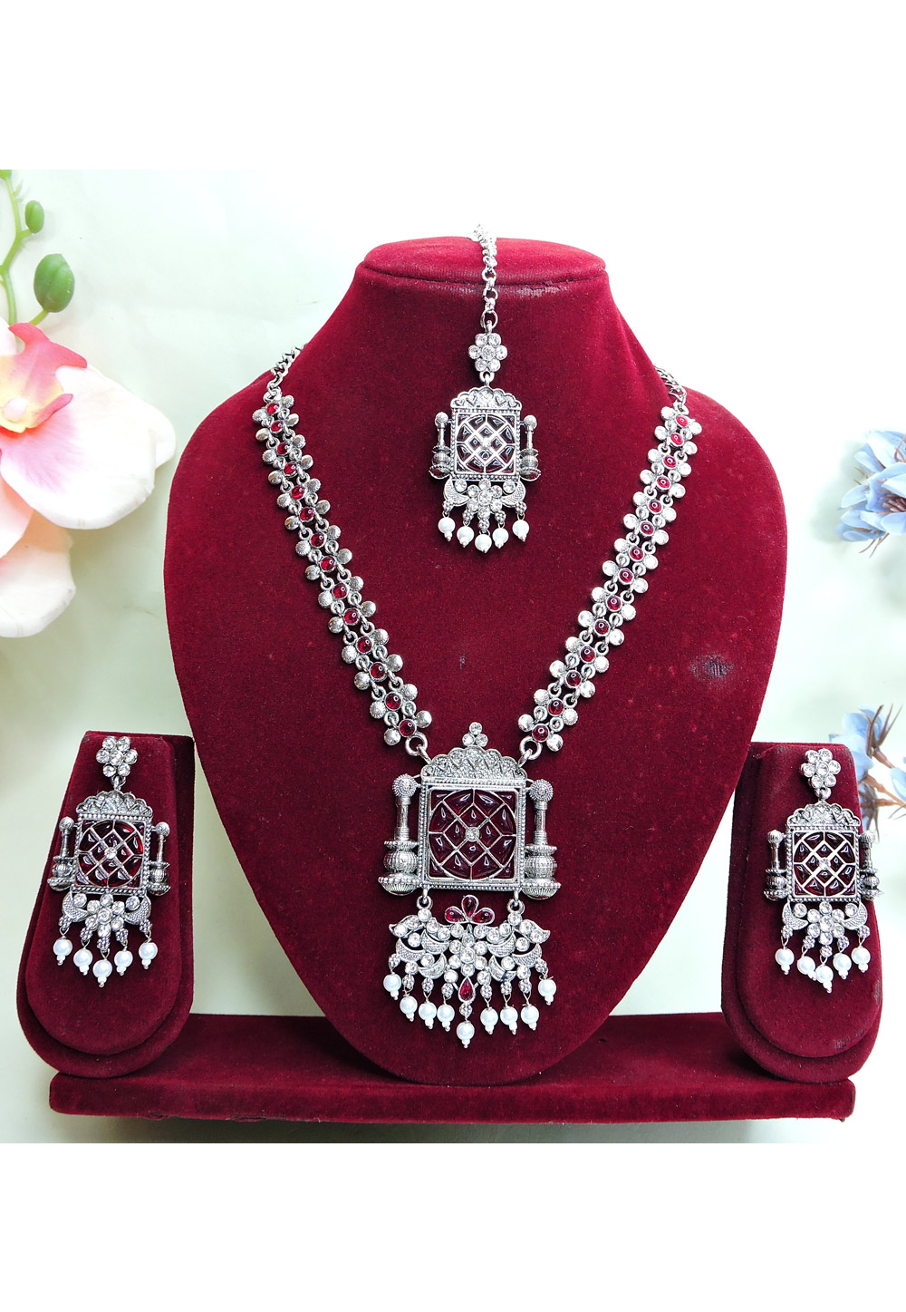 Magenta Oxidised Necklace Set With Earrings and Maang Tikka For Navratri 312765