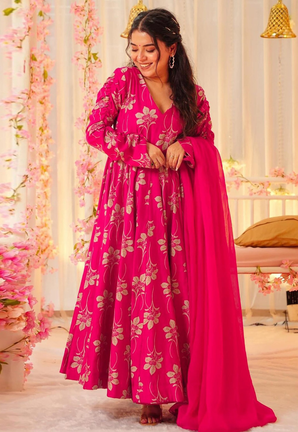 Magenta Rayon Readymade Long Anarkali Suit 308282