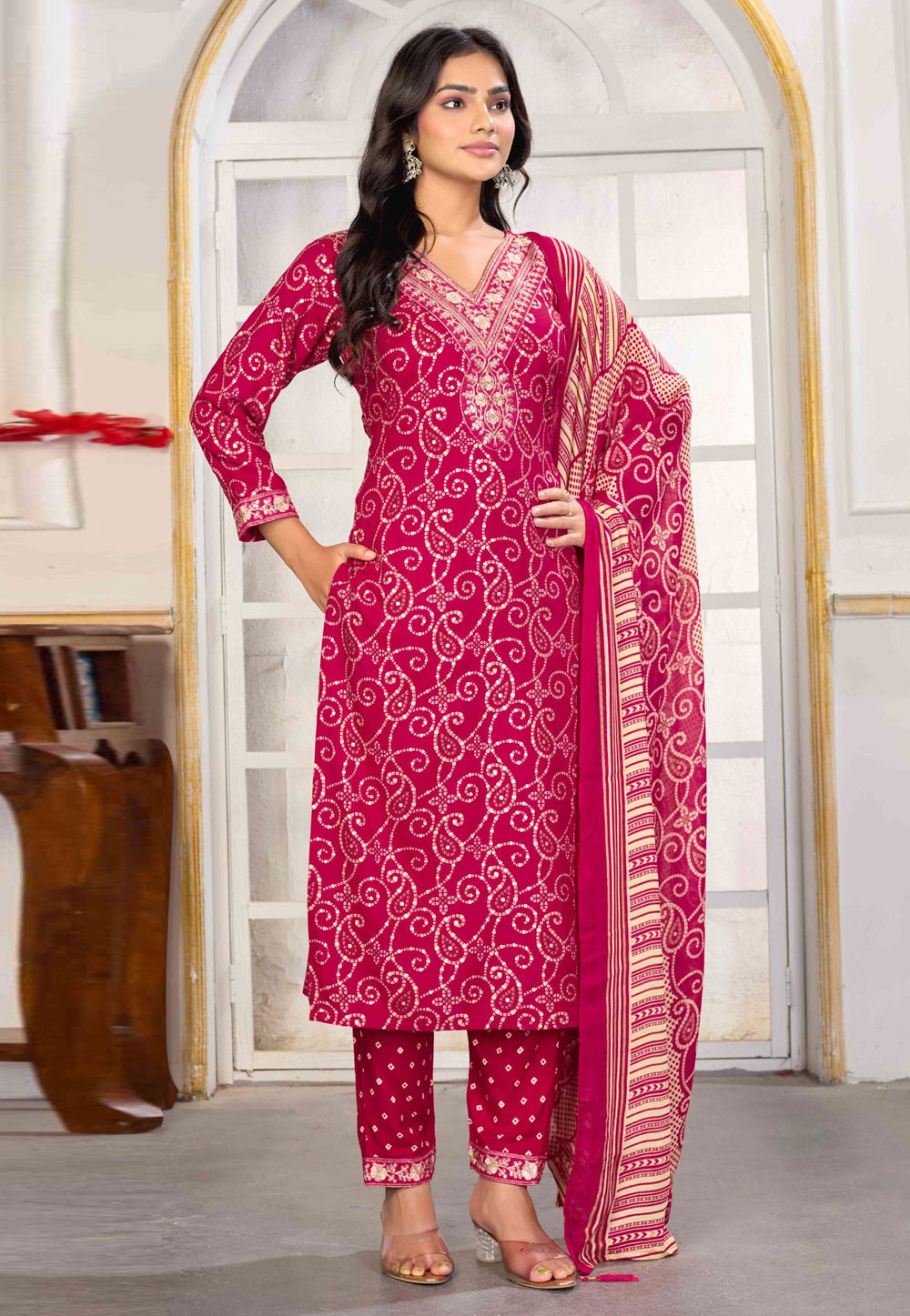 Magenta Rayon Readymade Pant Style Suit 318722