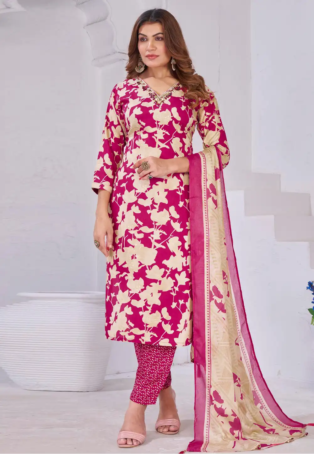Magenta Rayon Readymade Pant Style Suit 328117
