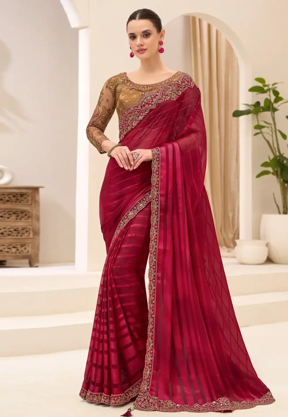 Magenta Satin Chiffon Saree With Blouse 326391