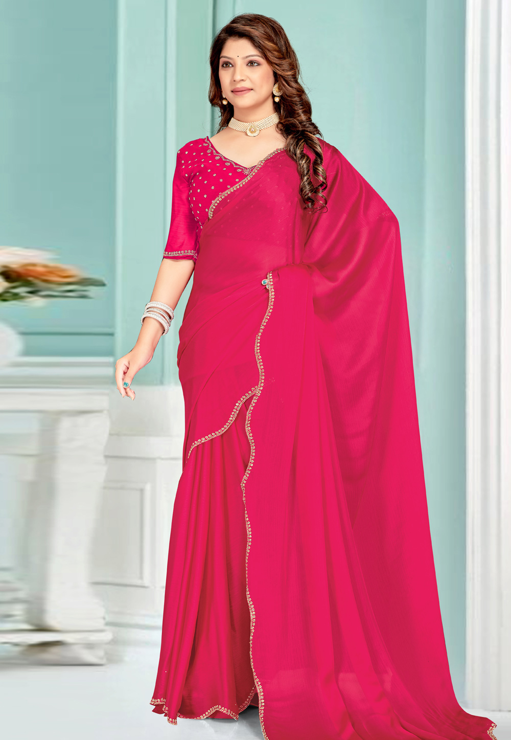 Magenta Satin Chiffon Saree With Blouse 311611
