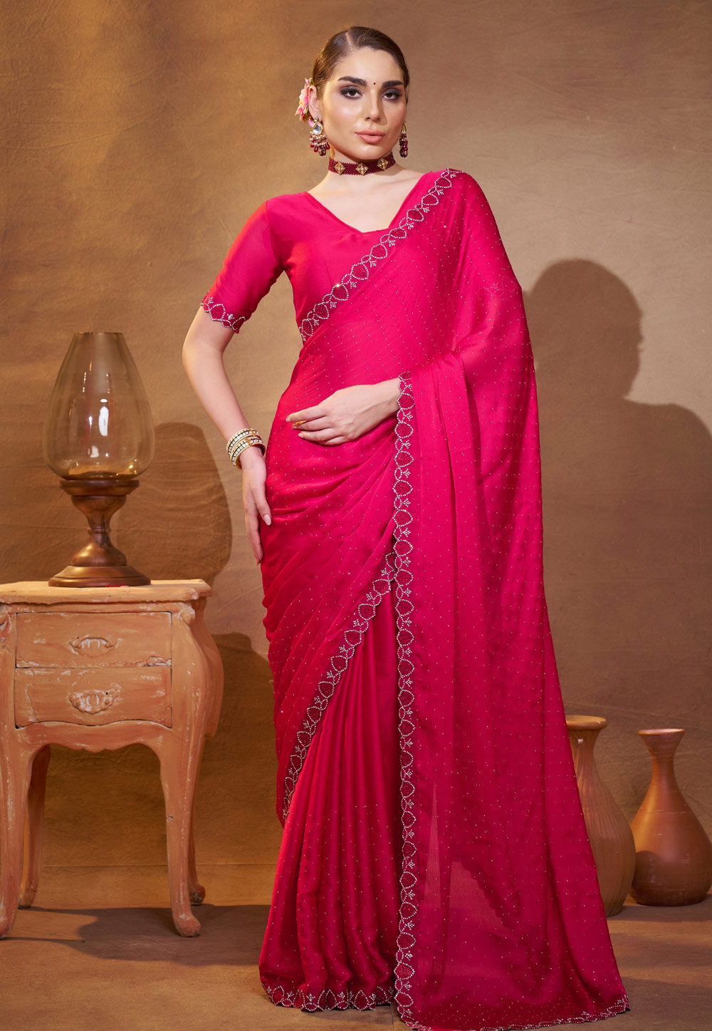 Magenta Satin Chiffon Saree With Blouse 306945