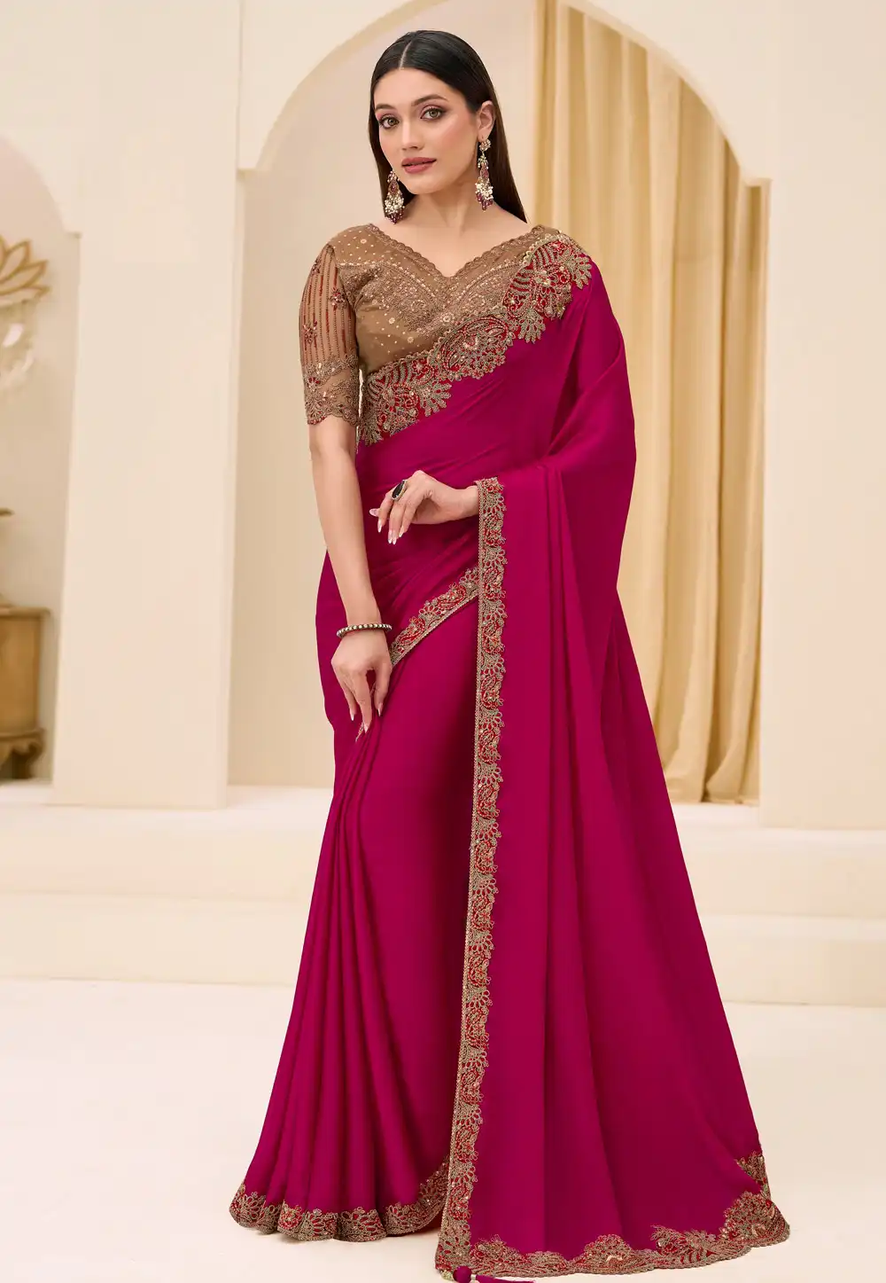 Magenta Satin Georgette Saree With Blouse 326399