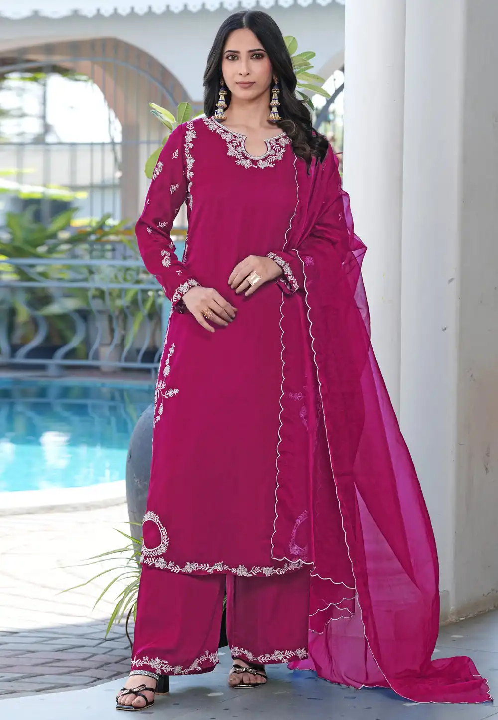 Magenta Satin Readymade Palazzo Suit 325021
