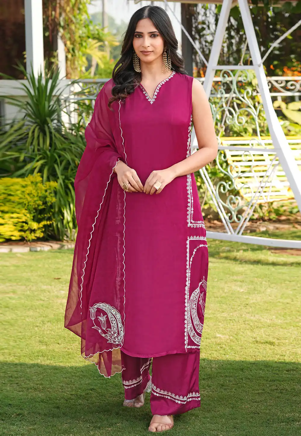Magenta Satin Readymade Palazzo Suit 325050