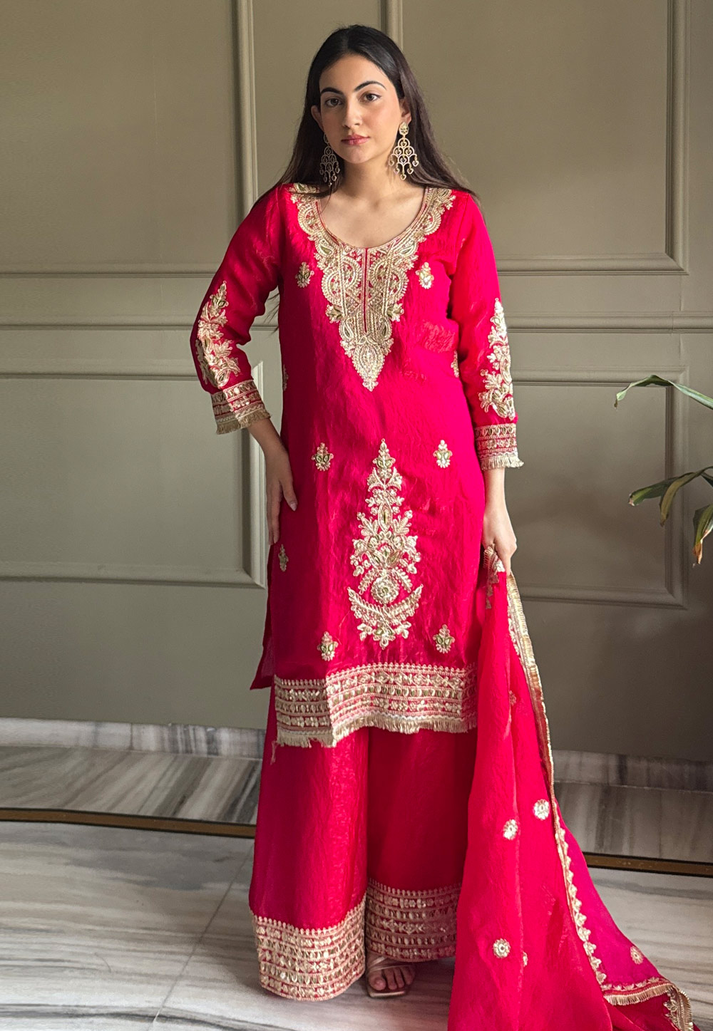 Magenta Satin Readymade Palazzo Suit 326349