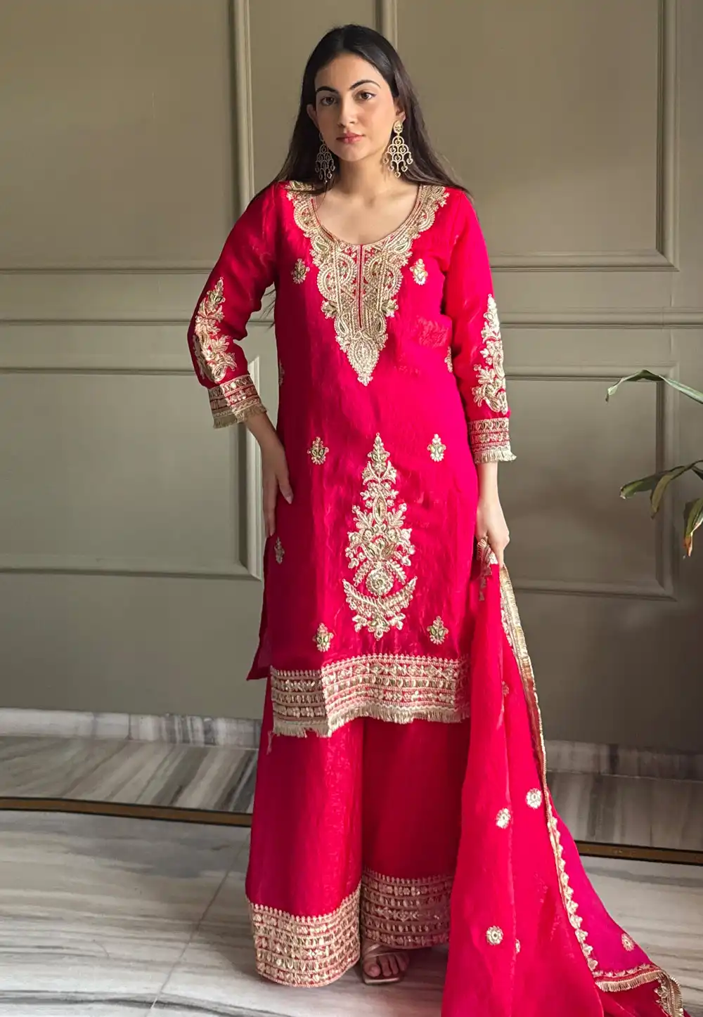 Magenta Satin Readymade Palazzo Suit 326349