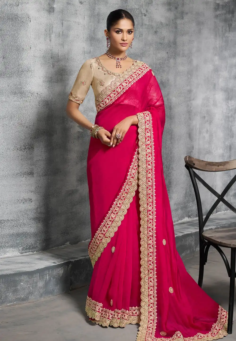 Magenta Satin Saree With Blouse 317936