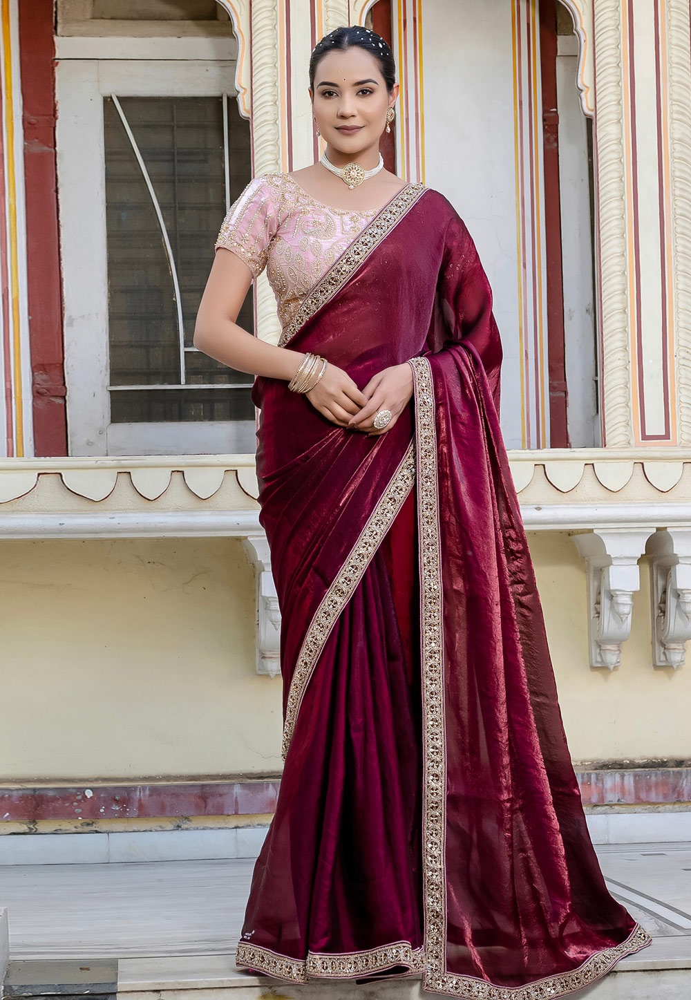 Magenta Satin Saree With Blouse 312119