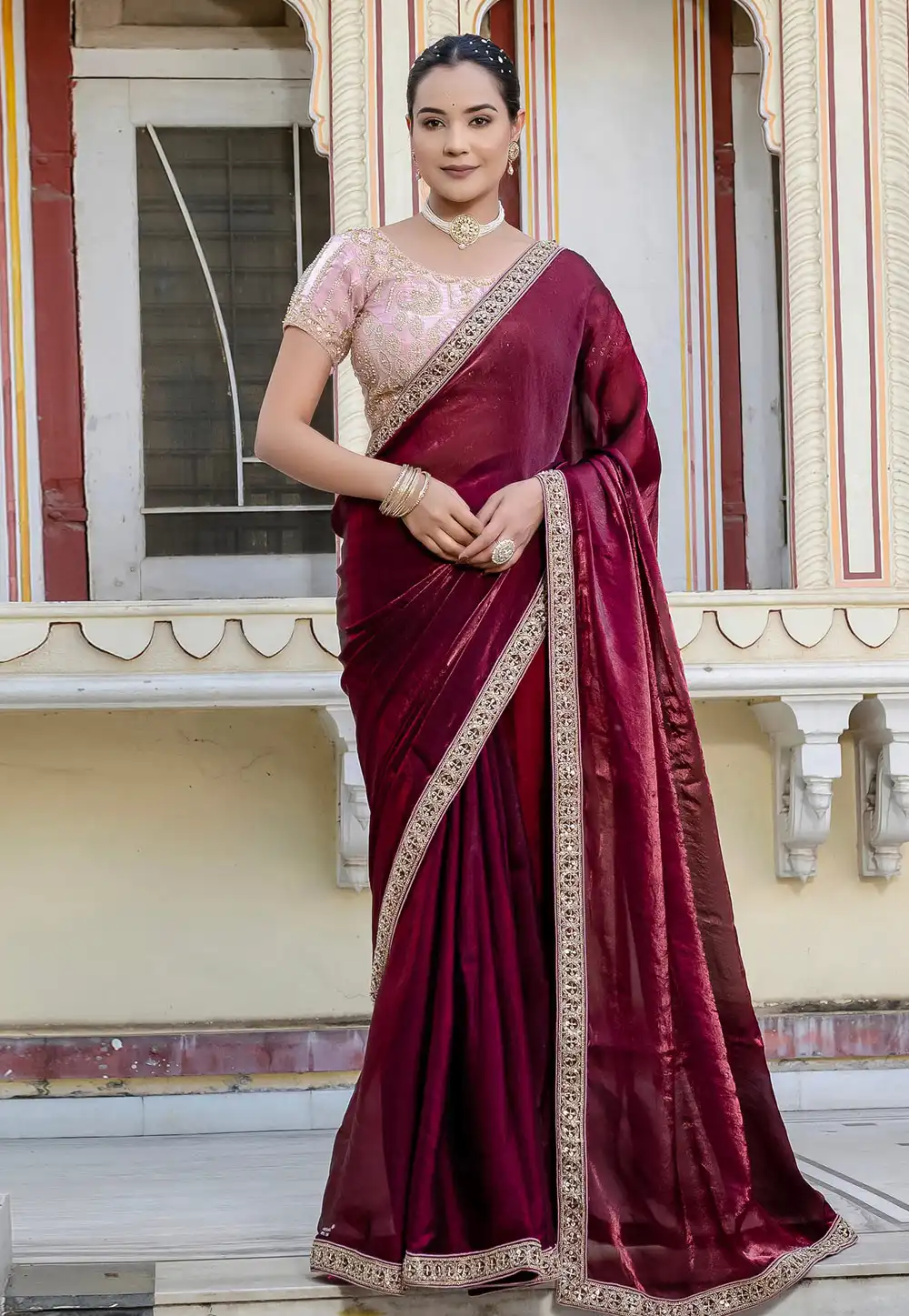 Magenta Satin Saree With Blouse 312119