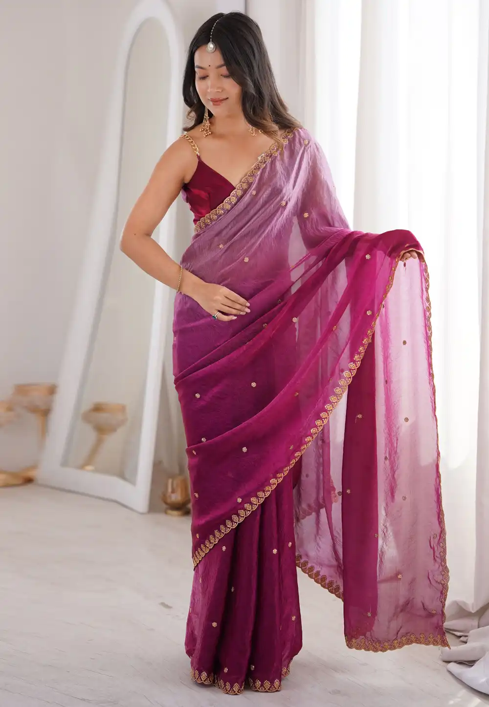Magenta Satin Saree With Blouse 329547