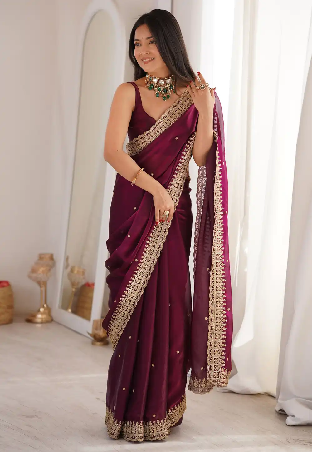 Magenta Satin Saree With Blouse 330421