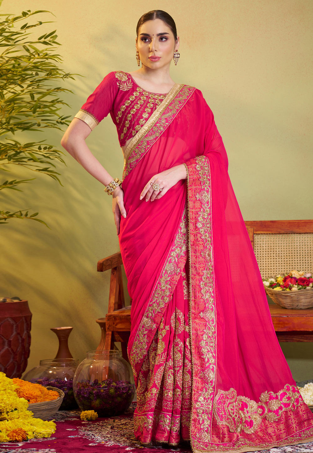 Magenta Satin Saree With Blouse 306953