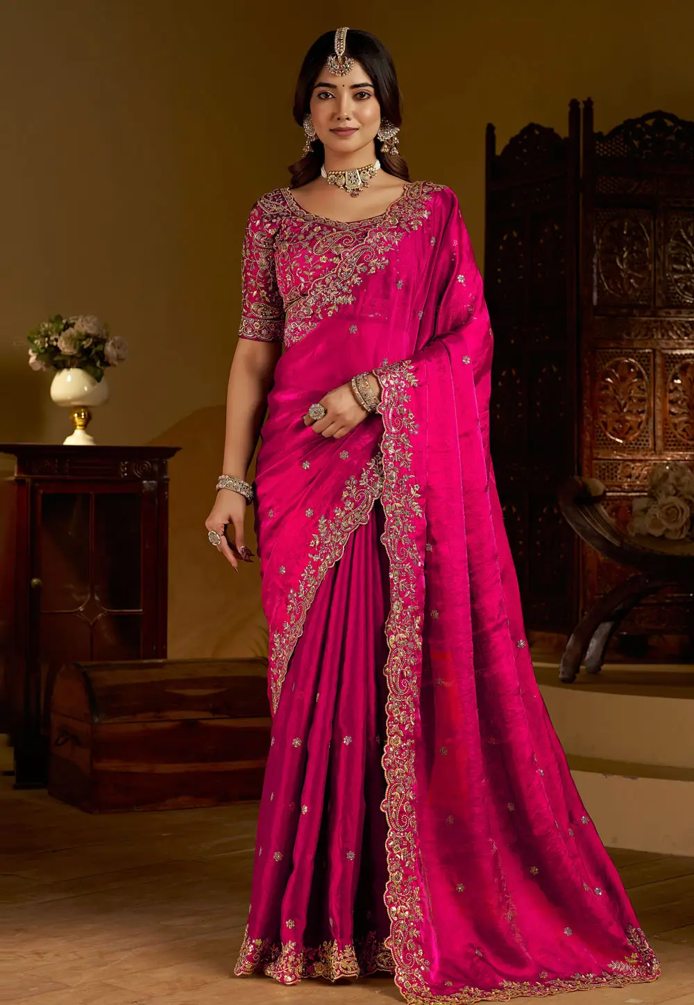 Magenta Satin Saree With Blouse 332578