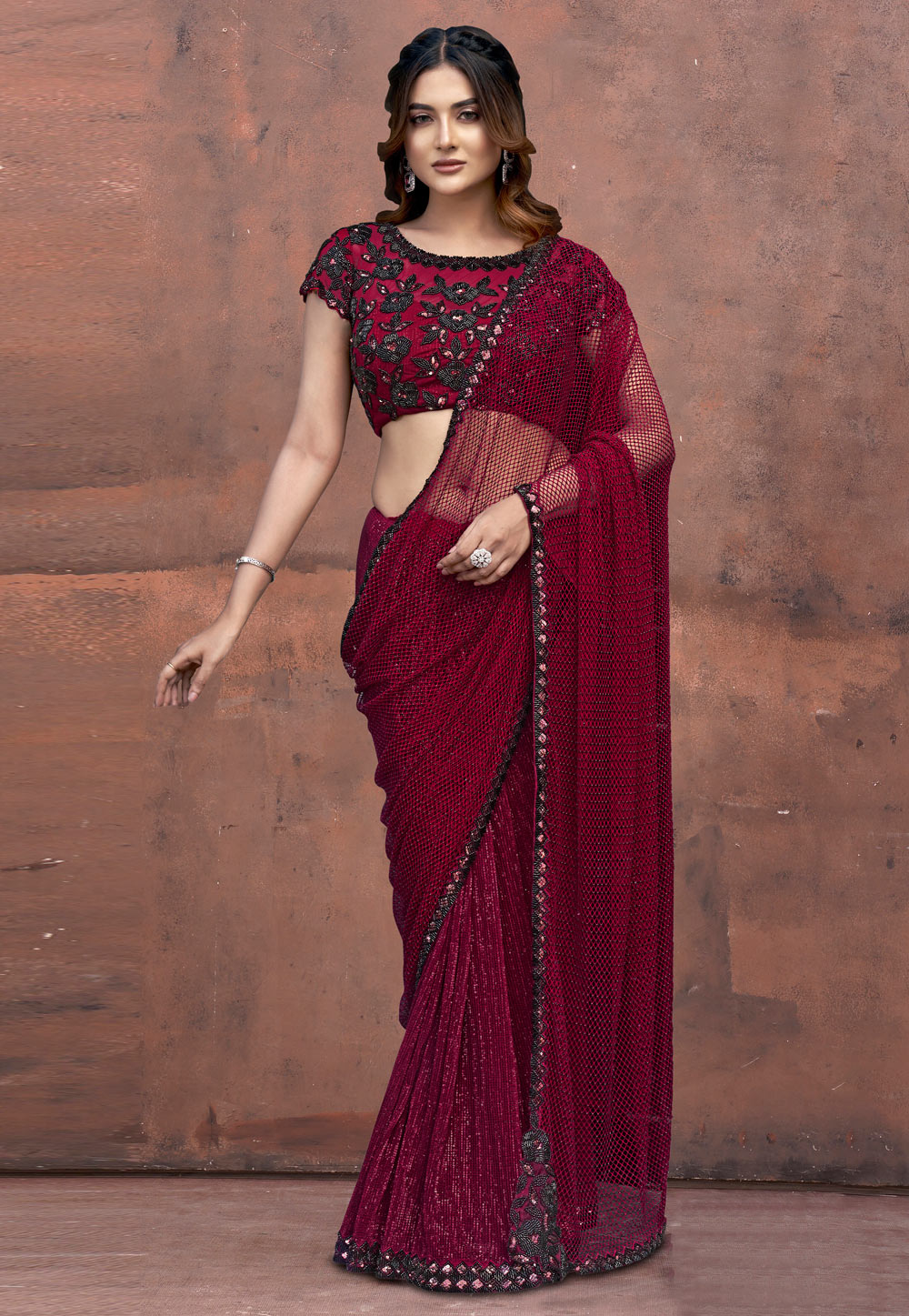 Magenta Satin Sequence Saree 320333