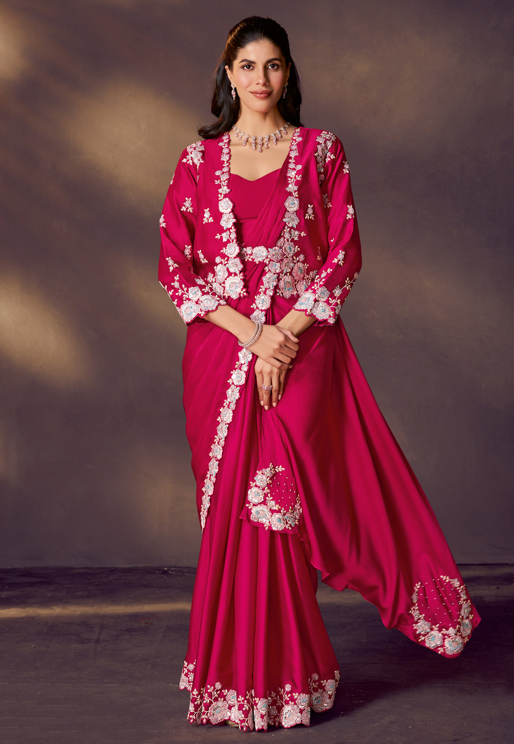 Magenta Satin Silk Designer Saree 318950