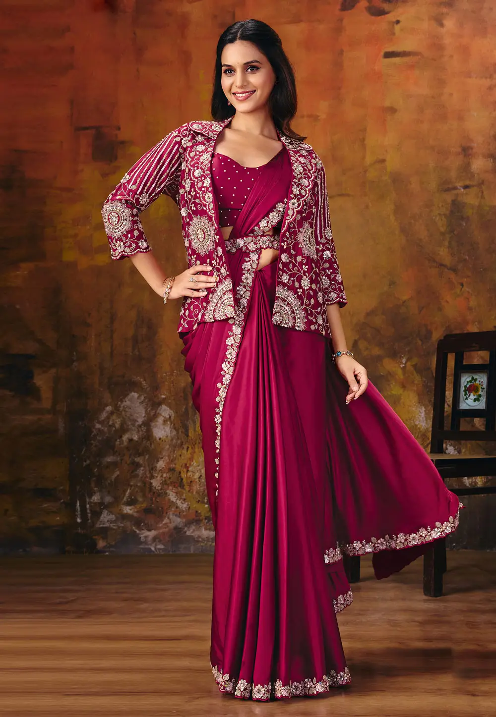 Magenta Satin Silk Designer Saree 335616