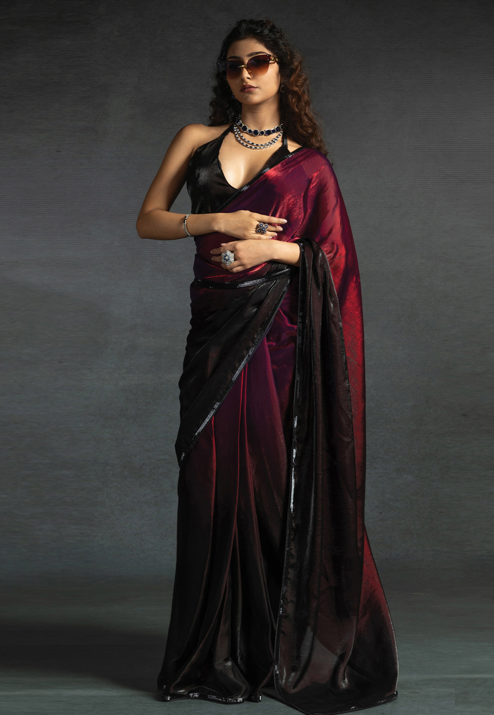 Magenta Satin Silk Half N Half Saree 308763