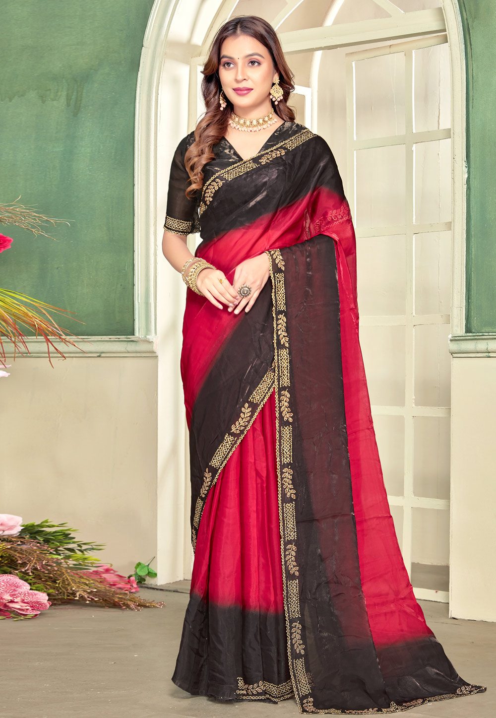 Magenta Satin Silk Half N Half Saree 319832