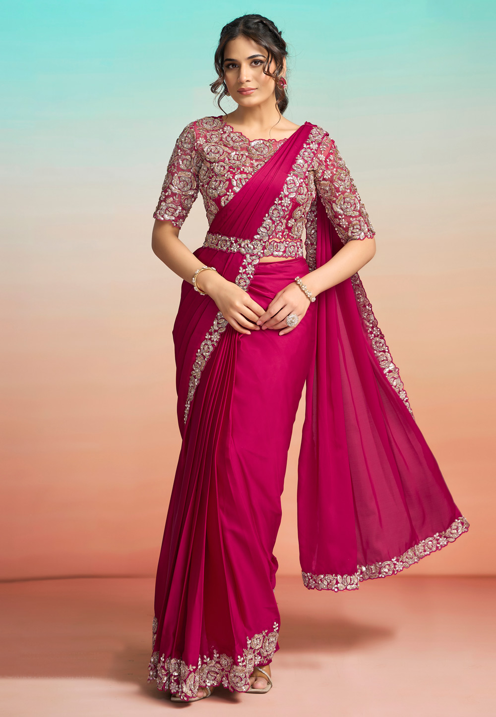 Magenta Satin Silk Lehenga Saree 327238