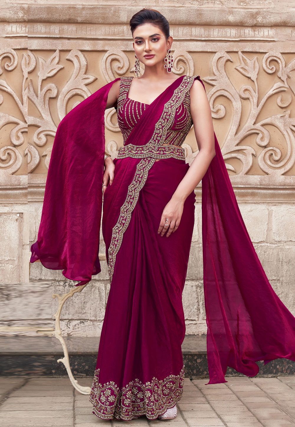 Magenta Satin Silk Plain Saree With Designer Blouse 306996