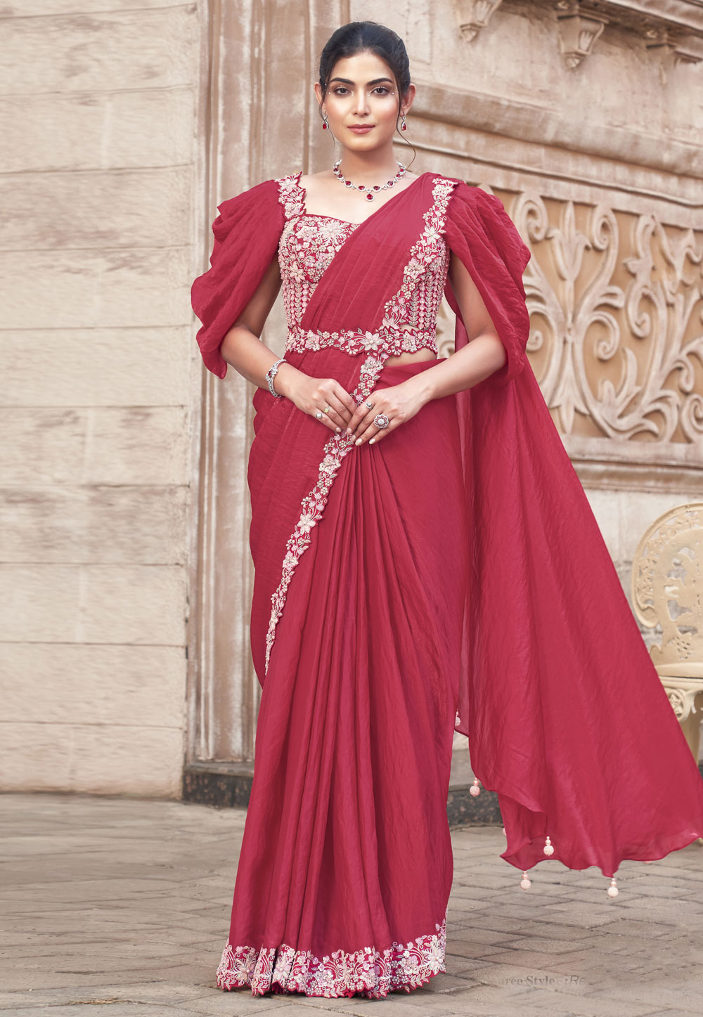 Magenta Satin Silk Plain Saree With Designer Blouse 307001