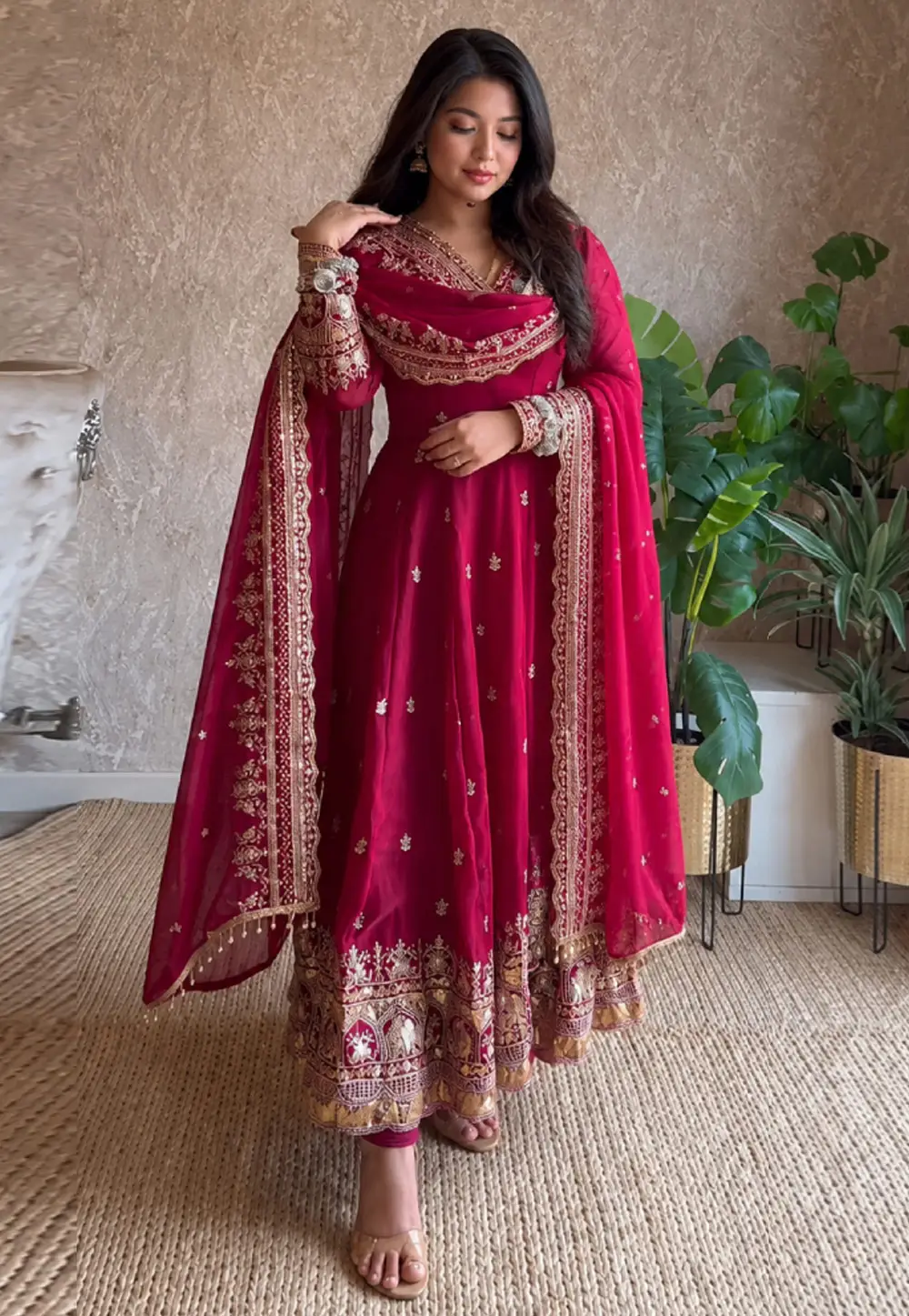 Magenta Satin Silk Readymade Long Anarkali Suit 333679