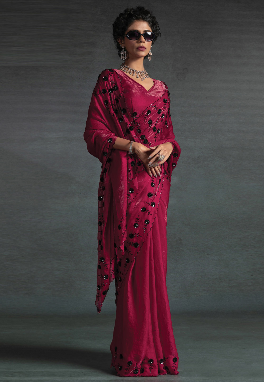 Magenta Satin Silk Saree With Blouse 307689