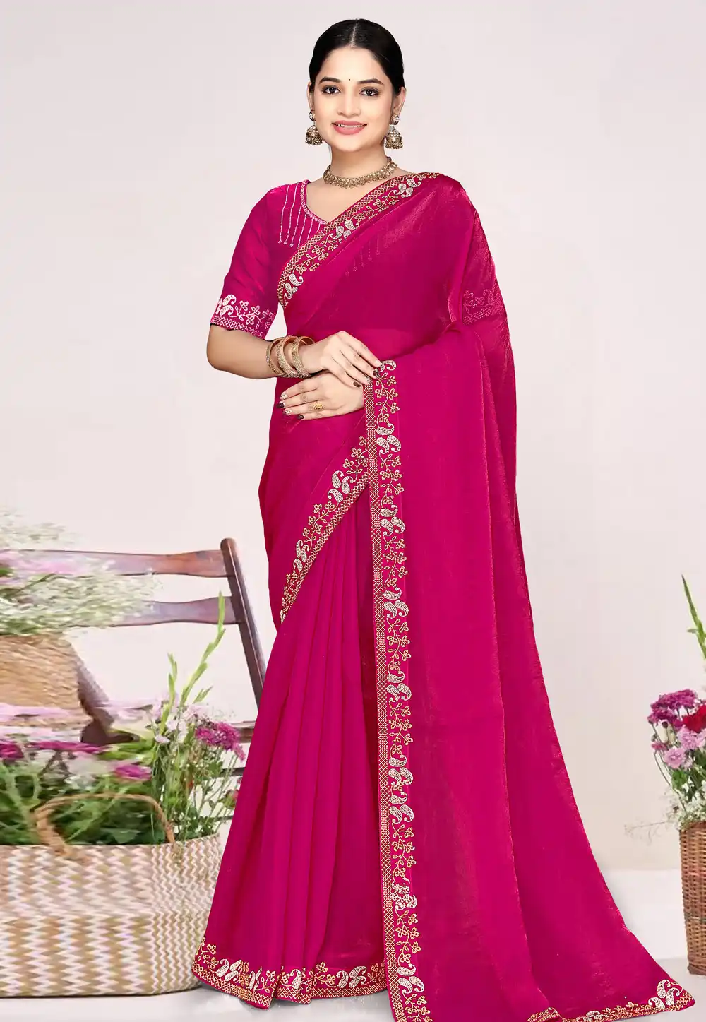 Magenta Satin Silk Saree With Blouse 326862