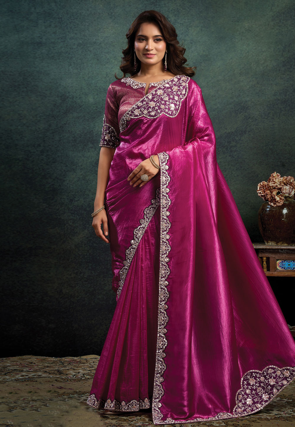 Magenta Satin Silk Saree With Blouse 322371