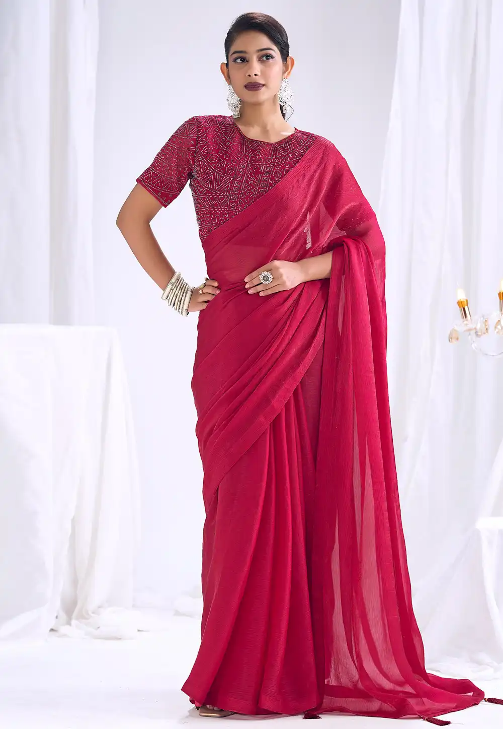 Magenta Satin Silk Saree With Blouse 327779