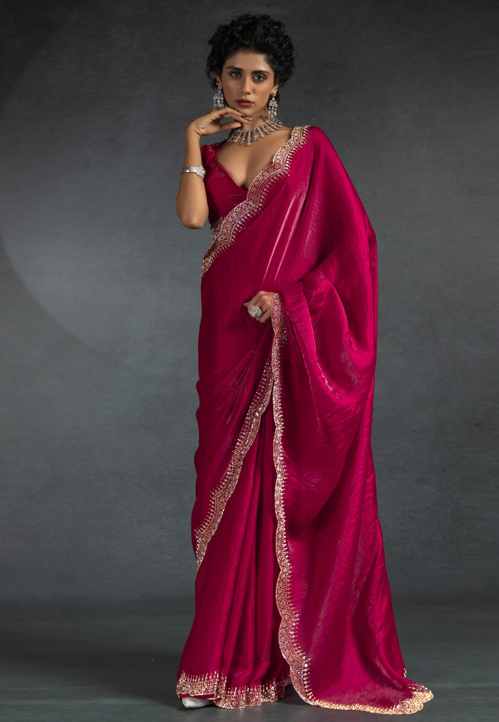 Magenta Satin Silk Saree With Blouse 307987
